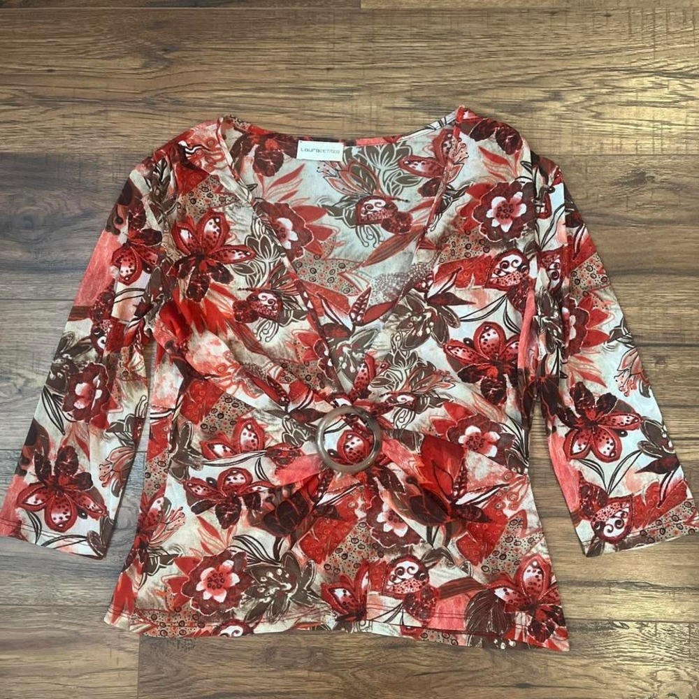 Vintage Floral Sheer Mesh Blouse Red Brown Y2K boho Indie Coquette Womens Medium